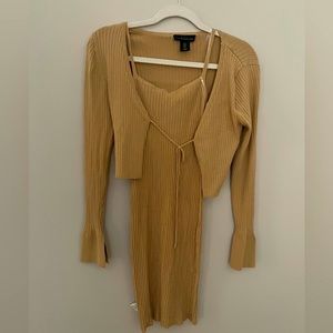 House of Harlow 1960 Tan Ribbed Bodycon Midi Dress + Matching cardigan